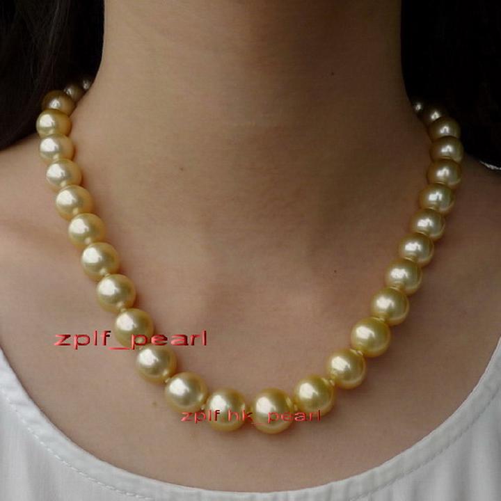 11-12 mm Natural round south sea golden pearl necklace 18/"14K Gold
